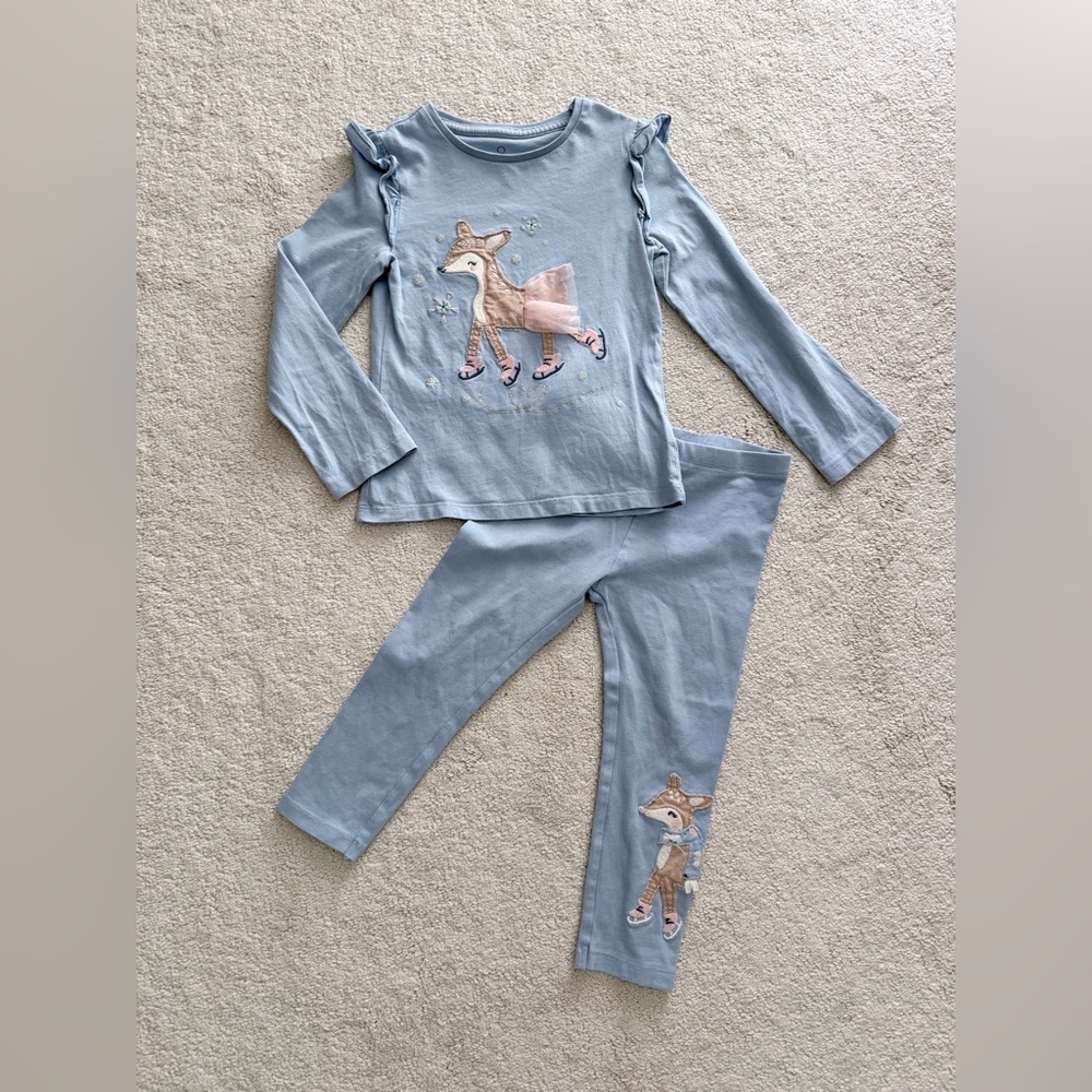 MOTHER Blue Pajama Set with Deer Design, Size 2T